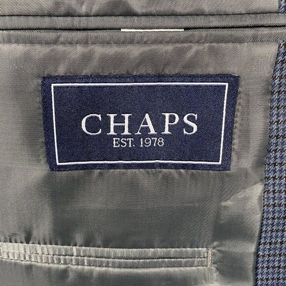 CHAPS Sport Coat 44L Blue Puppytooth Check Polyester Rayon Two Button Vented - Picture 8 of 15